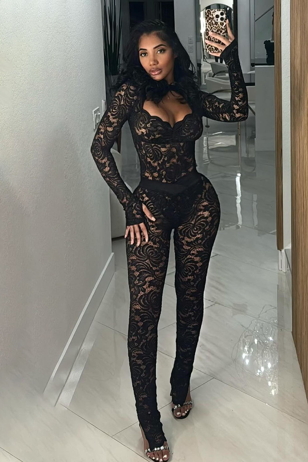 See-Through Guipure Lace Backless Bodycon Party Jumpsuit-Black