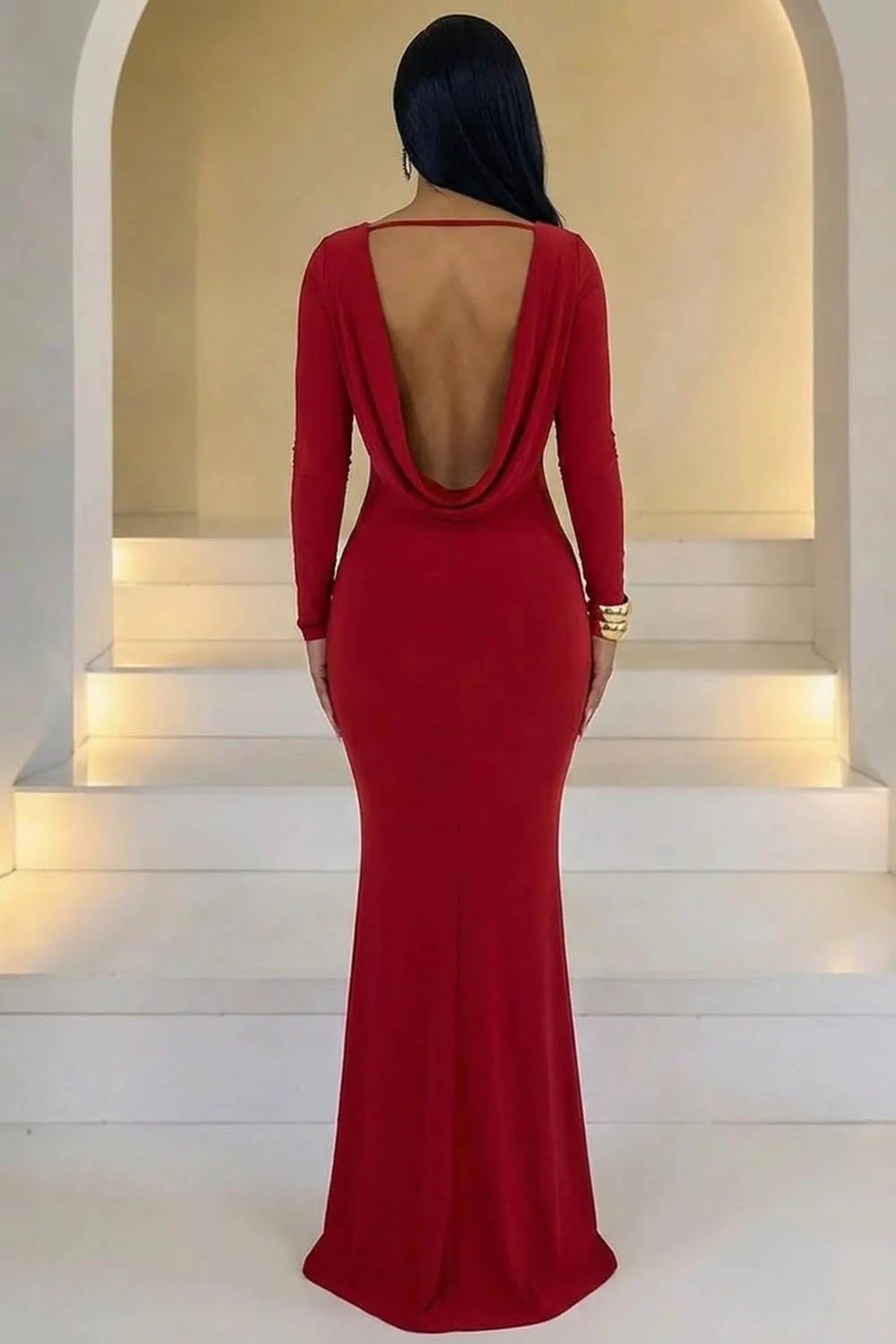Cowl Neck Metal Decor Long Sleeve Cinch Waist Maxi Dresses-Red
