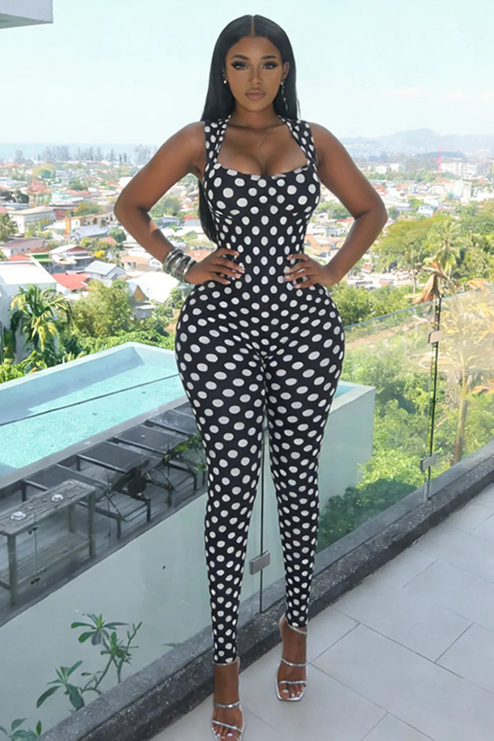 Wide Straps Square Neck Backless Polka Dot Bodycon Casual Jumpsuit-Black