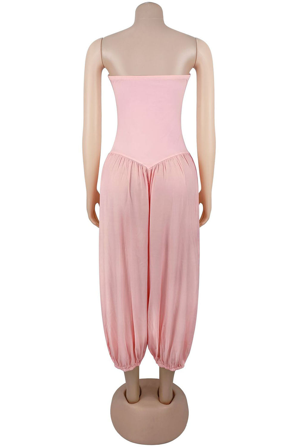 Strapless Bubble Hem Cinch Waist Solid Color Casual Cropped Jumpsuit-Pink
