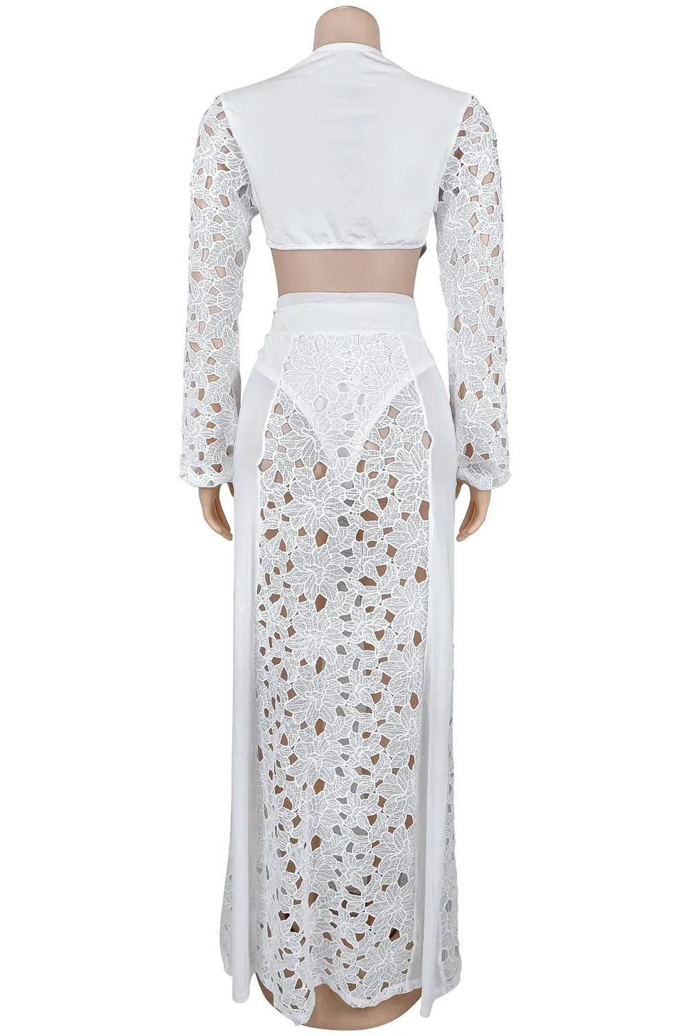 Guipure Lace Cutout Deep V Neck Bodysuit Maxi Skirt Vacation 2pcs Set-White