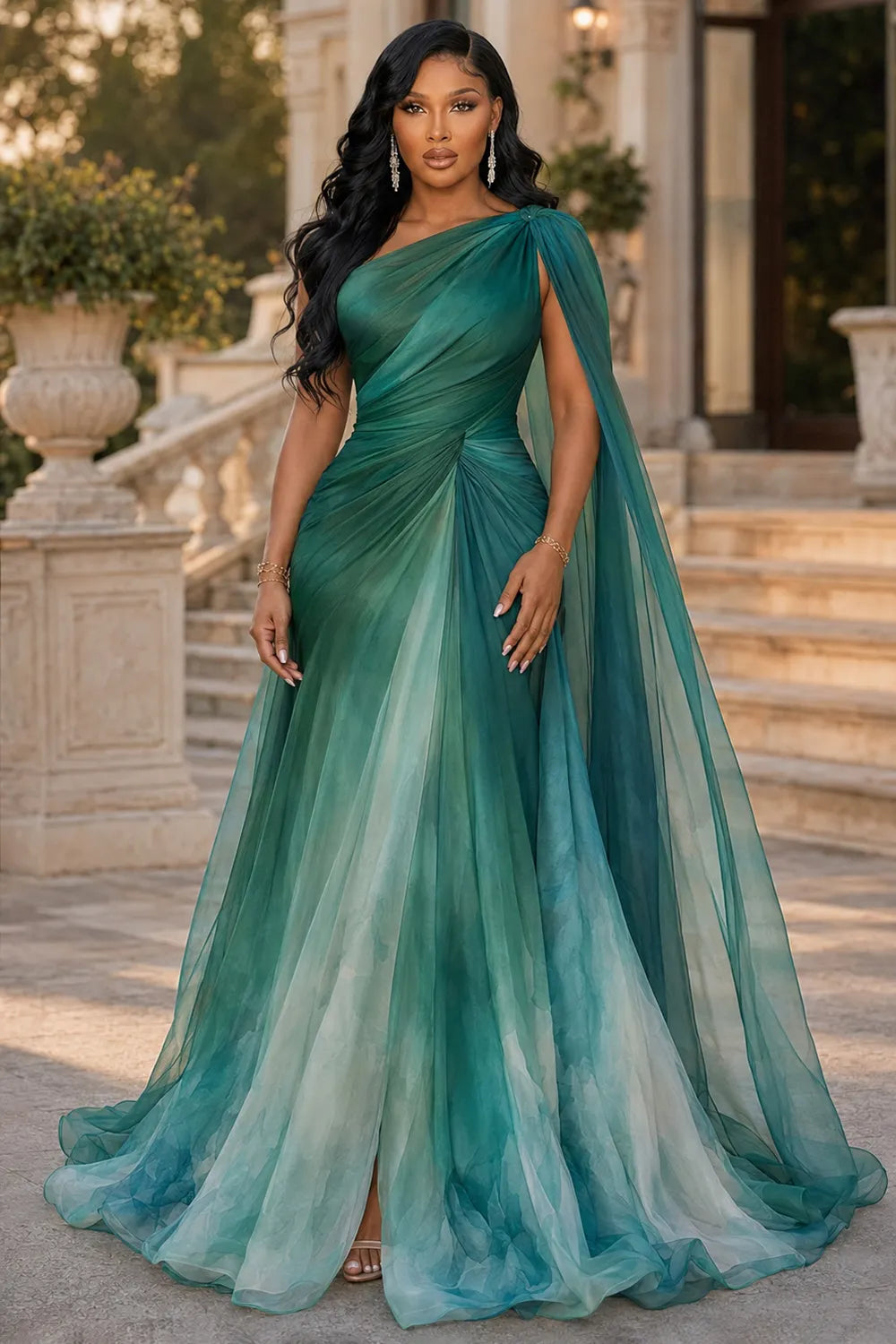 Ombre Oblique Collar Long Streamer Ruched Maxi Dresses-Green