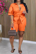 Solid Color Half Sleeve Blouse Casual Shorts Matching Set-Orange