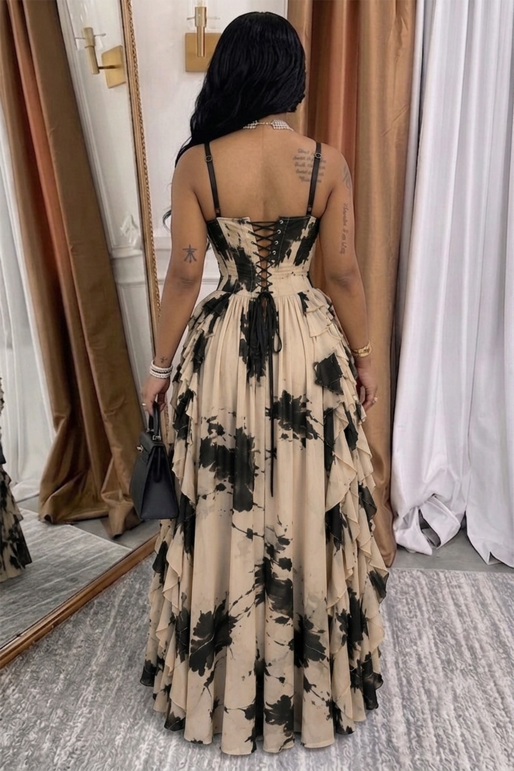 Tie Dye Tiered Ruffle High-Low Hem Vacation Maxi Dresses-Brown