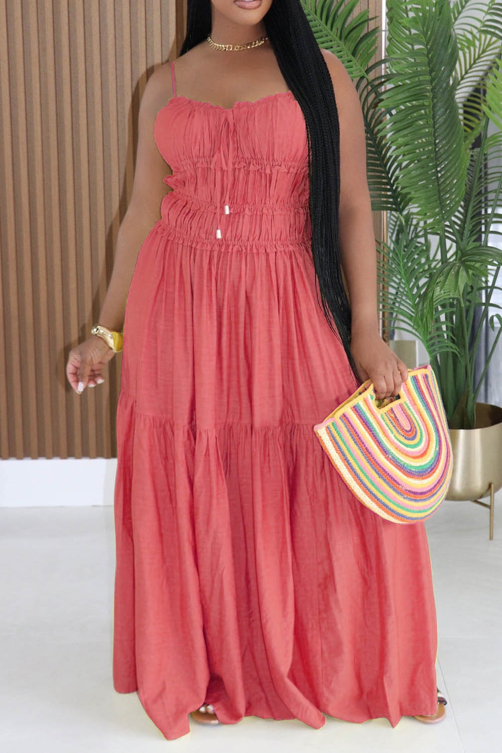Spaghetti Strap Ruched Solid Color A-Line Vacation Maxi Dresses-Yellow