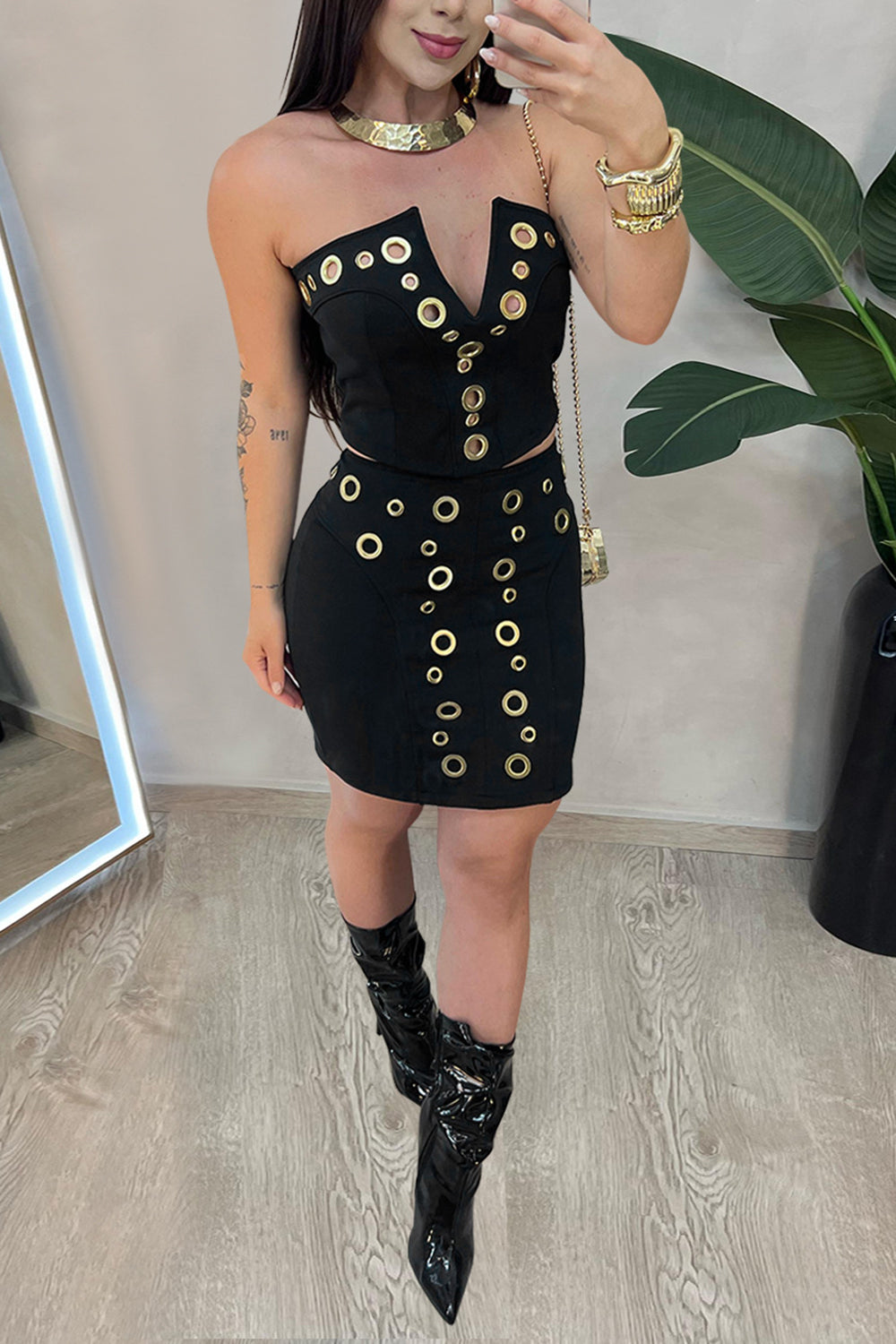 Metal Eyelet Strapless V Cut Crop Top Skinny Mini Skirt Casual 2pcs Set-Black