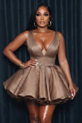 Wide Strap Deep V Neck Puff Ruffle Hem Party Mini Dresses-Mocha