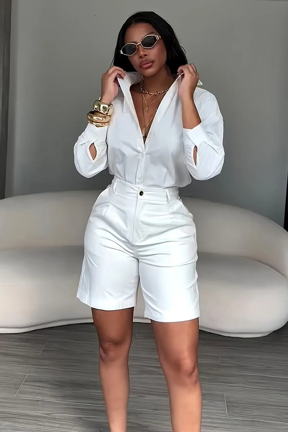 Solid Color  Collar Shirt High Waist Shorts Casual 2pcs Set-White