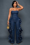 Strapless Top 3D Floral Straight Leg Pants Denim 2pcs Set-Navy