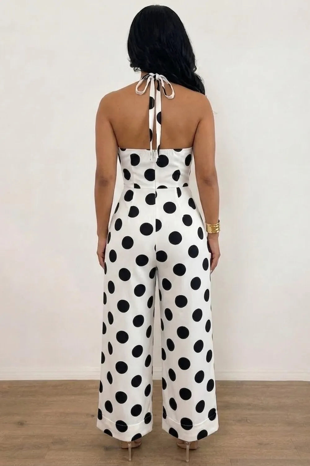 Halter Neck Polka Dot Print Backless Loose Fit Vacation Jumpsuit-White