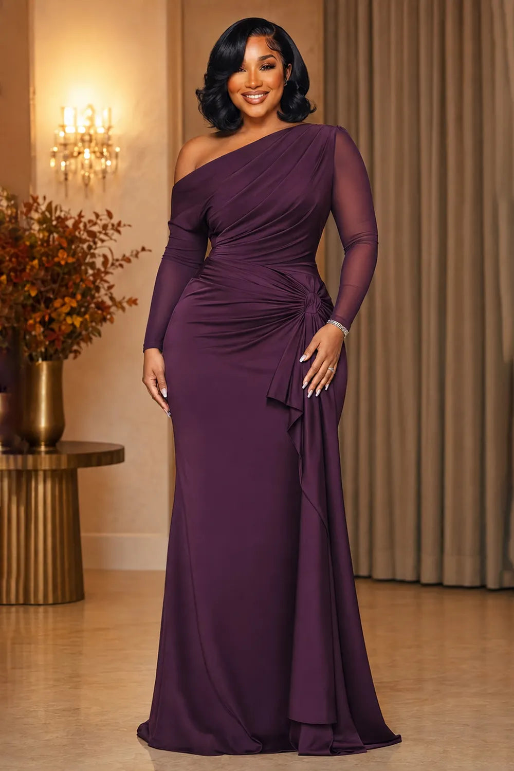Oblique Collar Long Sleeve Ruched Cinch Waist Maxi Dresses-Purple