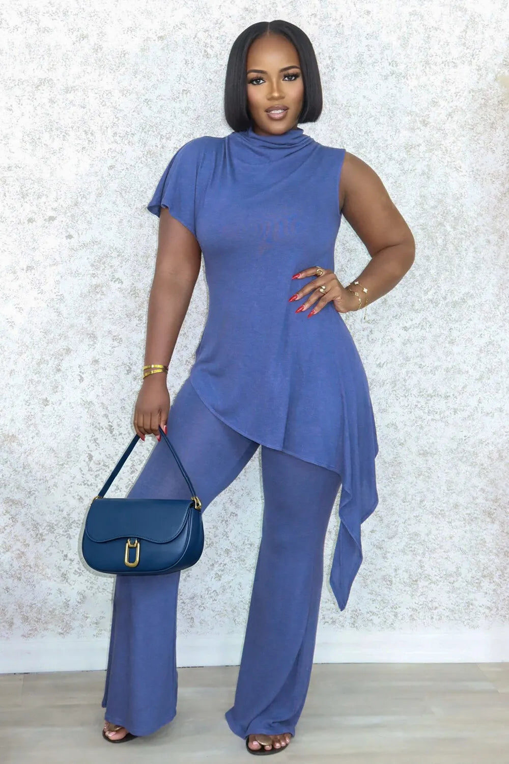 Mock Neck Irregular Hem Top Bootcut Pants Casual 2pcs Set-Blue