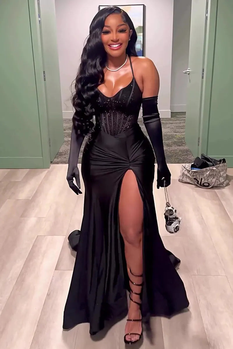 Black High Slit Mermaid Maxi Dress with Halter Neck and Corset Detail