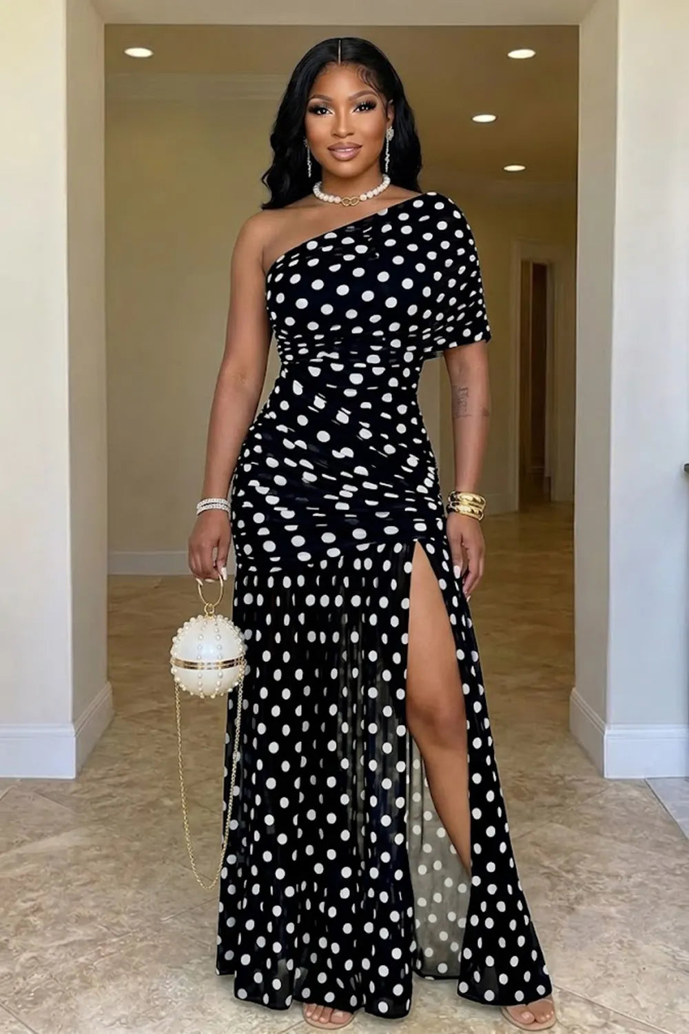 Oblique Collar Polka Dot Print High Slit Slim Fit Party Maxi Dresses-White