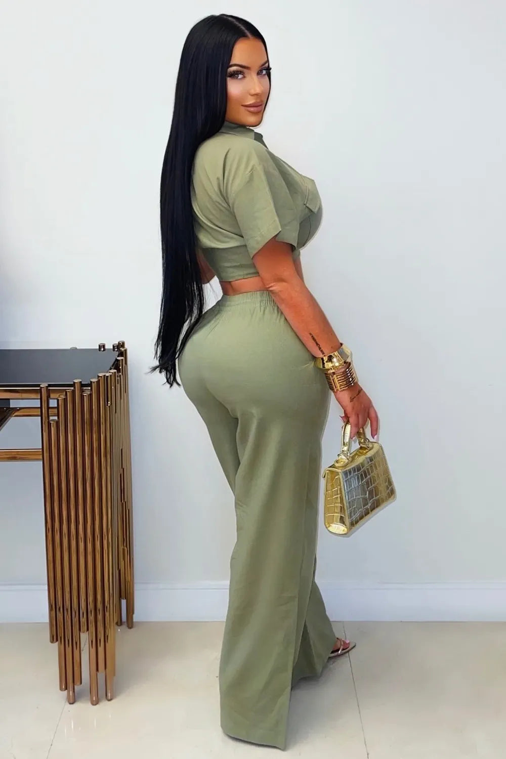 Collar Pocket Crop Top Straight Leg Pants 2pcs Set-Green