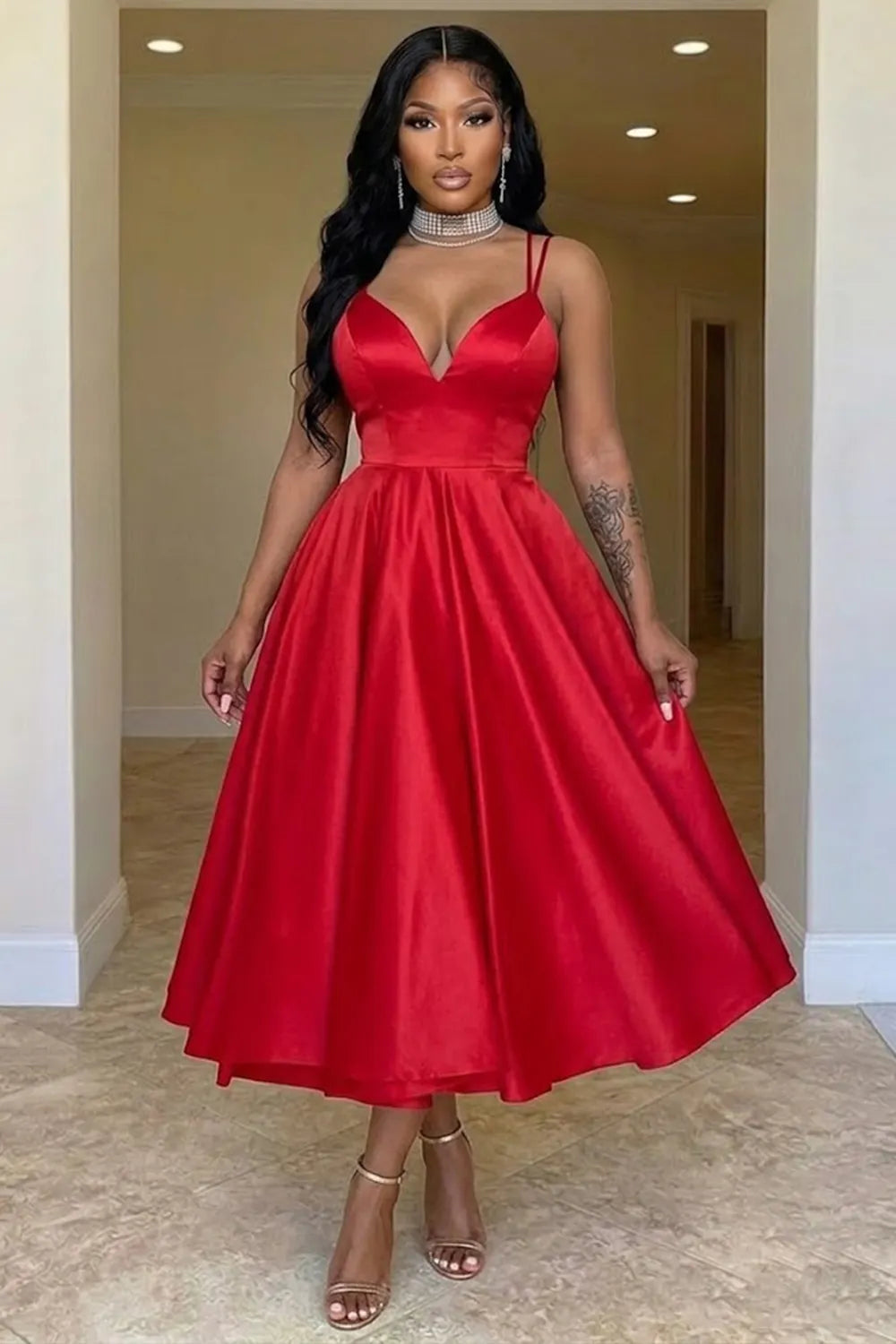 Spaghetti Strap Sweetheart Neck Cinch Waist A-Line Party Midi Dresses-White