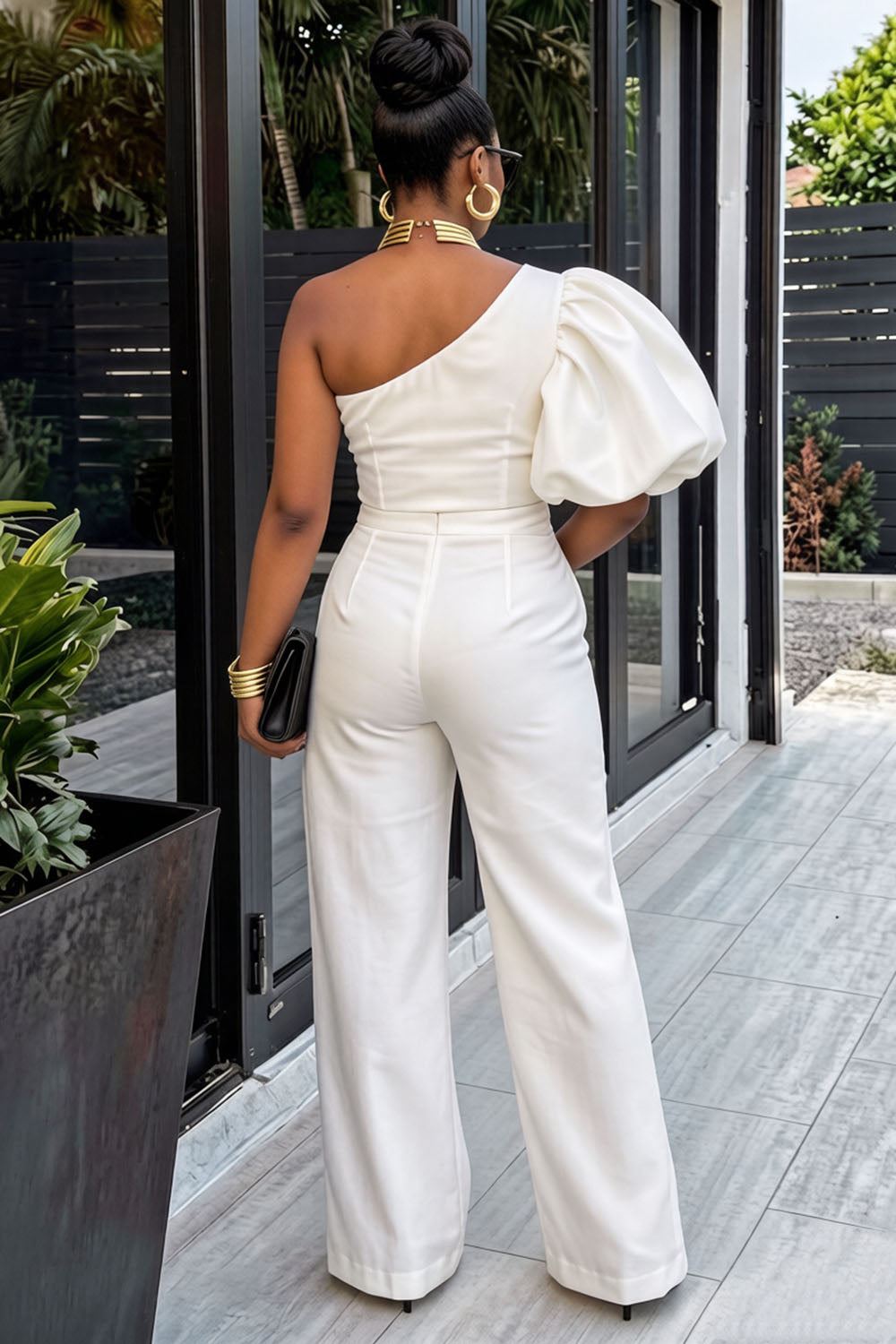 One Shoulder Puff Sleeve Top Wide Leg Pants Casual 2pcs Set-White