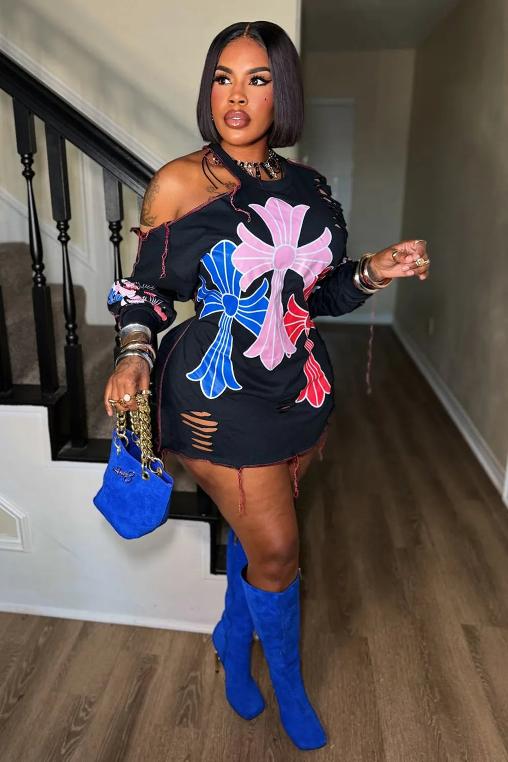 Cross Graphic Print Cut Out Long Sleeve Casual Mini Dresses-Black