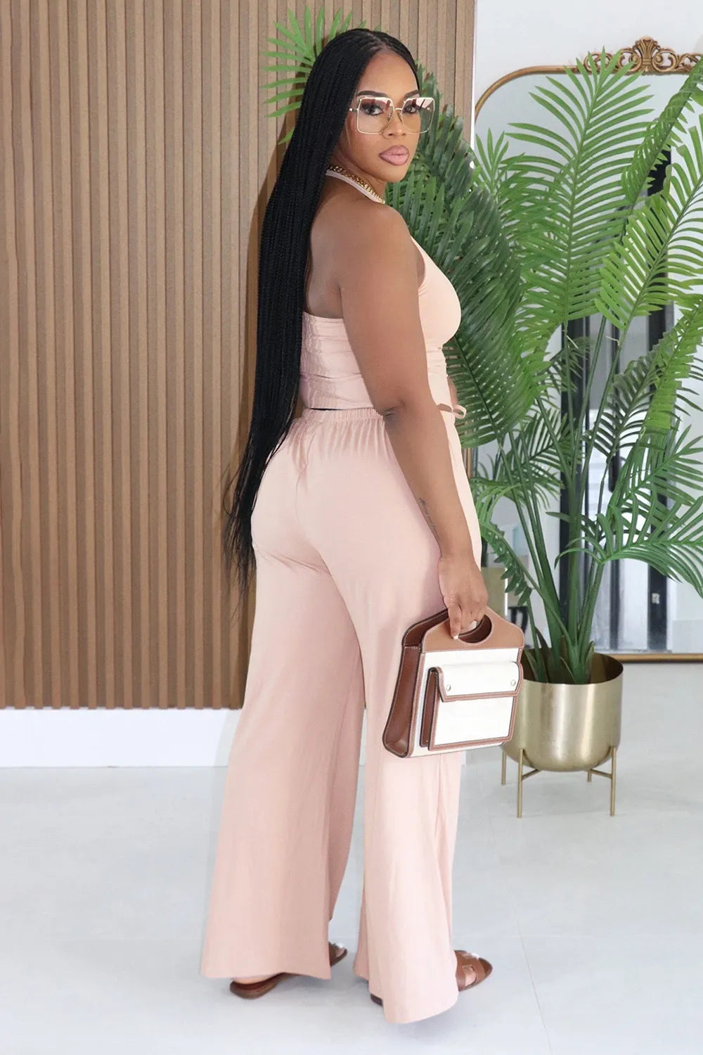 Halter Tank Top High Waist Pocket Drawstring Wide Leg Pants 2pcs Set-White