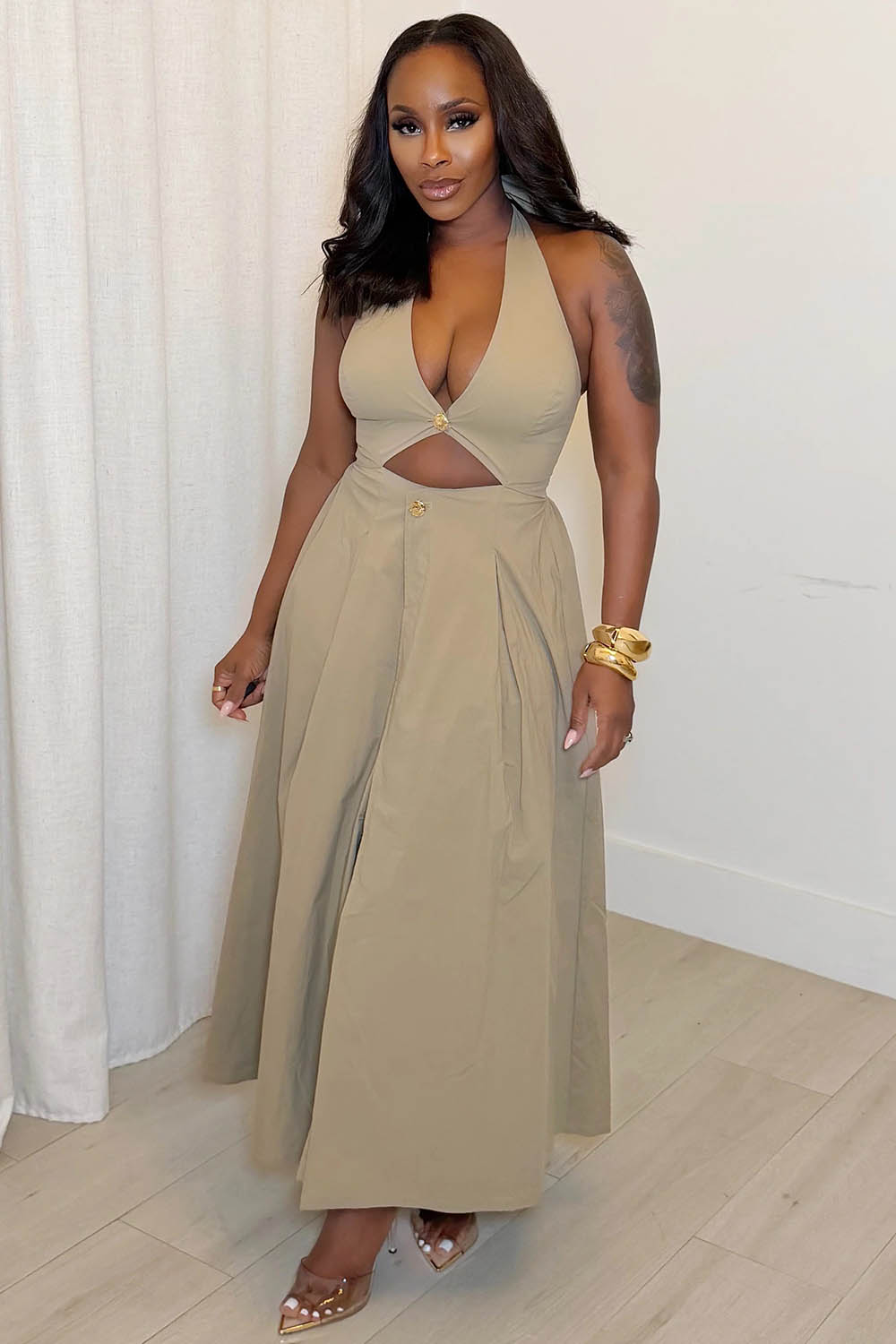Halter Backless Cut Out Slit A-Line Casual Maxi Dresses-White