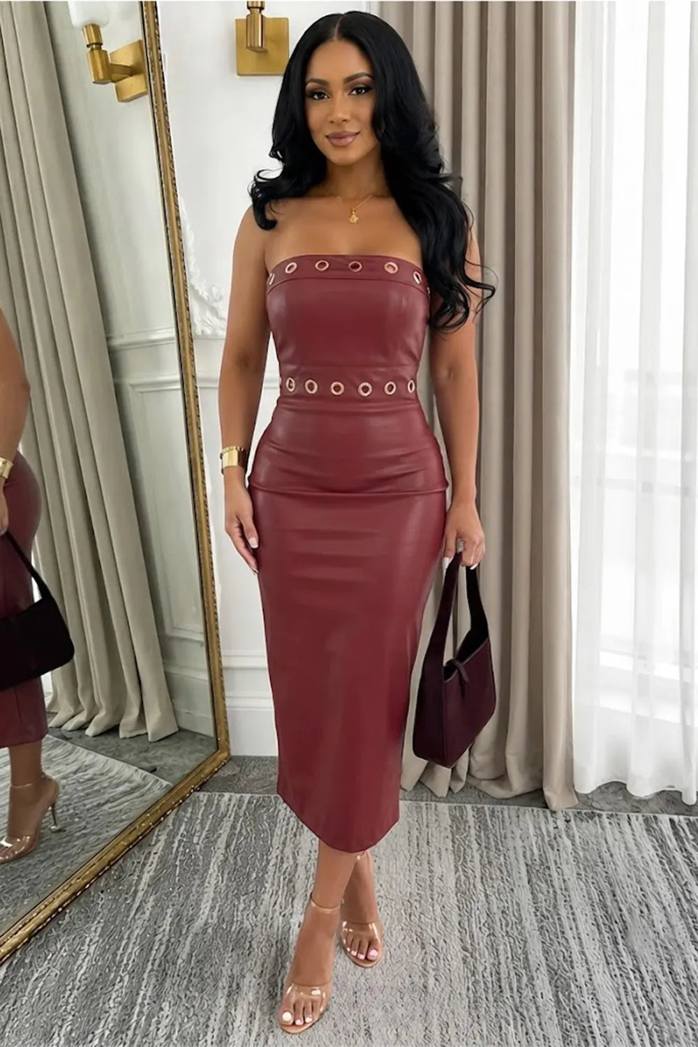 Strapless Metal Eyelets Decor Side Slit Bodycon PU Leather Midi Dresses-Black