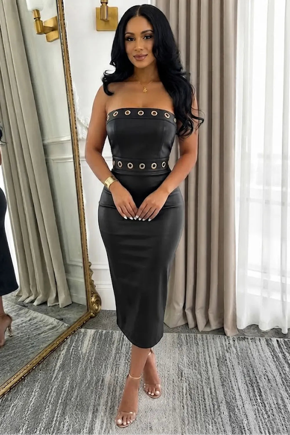 Strapless Metal Eyelets Decor Side Slit Bodycon PU Leather Midi Dresses-Black