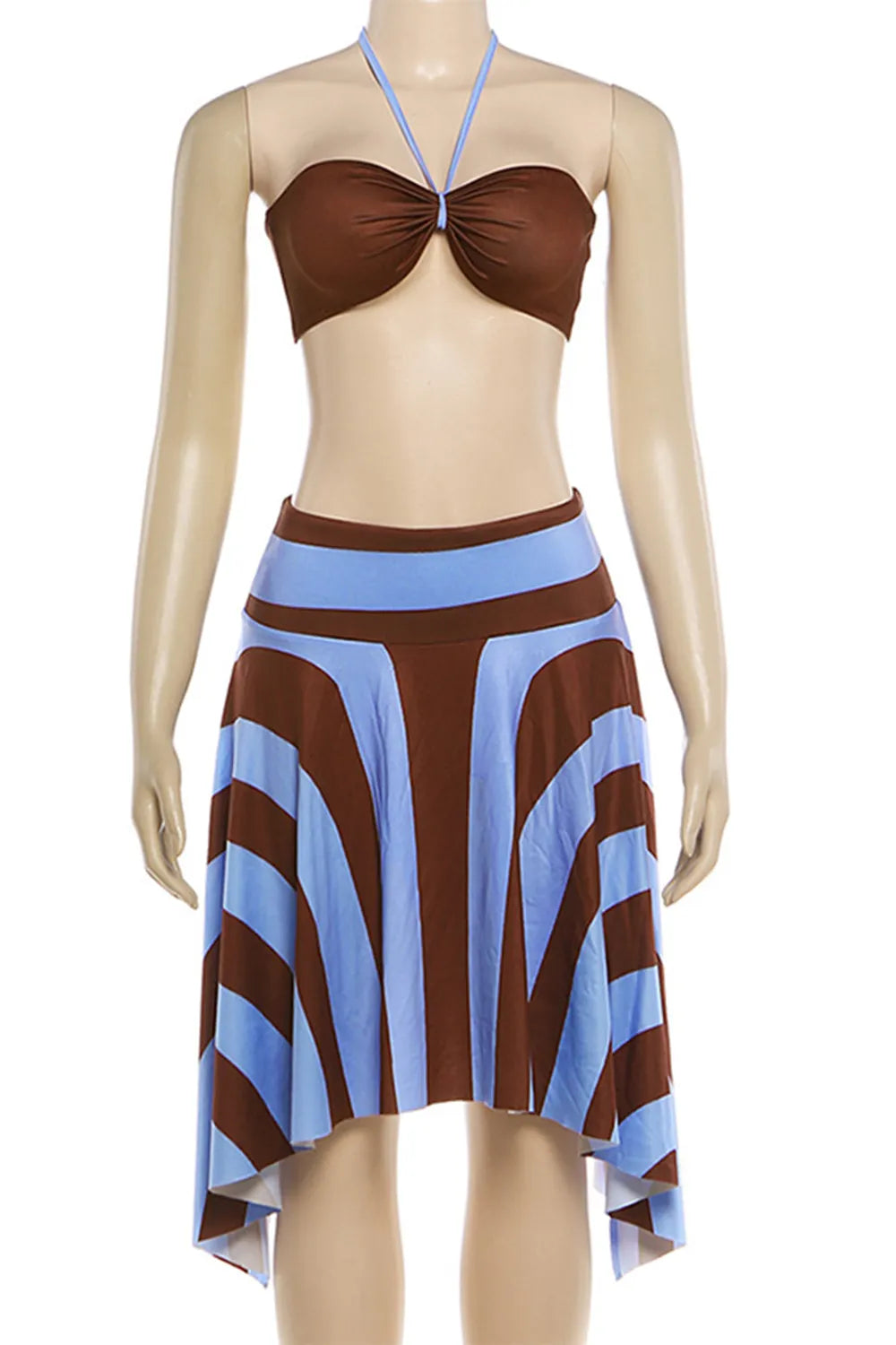 Halter Top Colorblock Stripe Irregular Hem Midi Skirt Vacation 2pcs Set-Brown