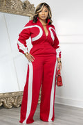 Stand-Up Collar Zip Up Long Sleeve Colorblock Wide Leg Casual Jumpsuit-Red