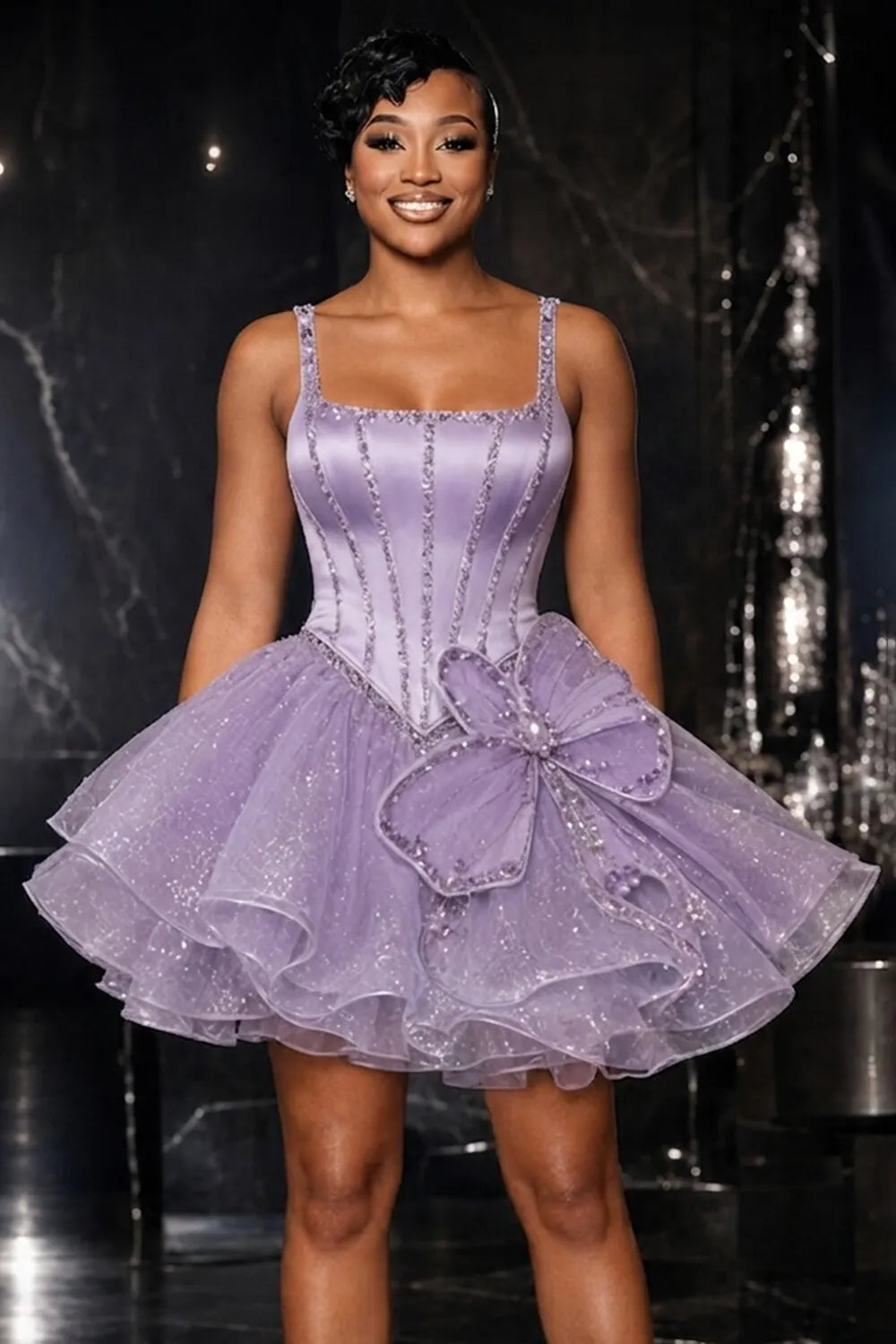 Spaghetti Strap Rhinestone Corset 3D Floral Mini Dresses-Purple