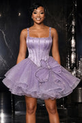 Spaghetti Strap Rhinestone Corset 3D Floral Mini Dresses-Purple