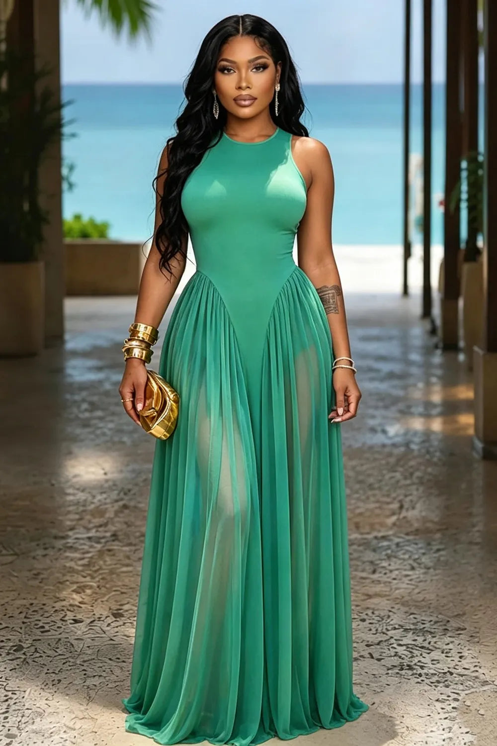 Round Neck Sleeveless Mesh Patchwork Cinch Waist Vacation Maxi Dresses-Green