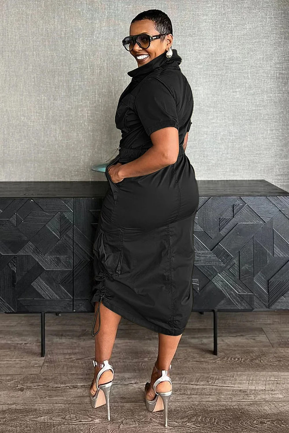 Stand Collar Zipper Drawstring Waist Pocket Midi Dresses-Green