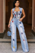 Denim  Collar Top Wide Leg Pants Casual 2pcs Set-Blue