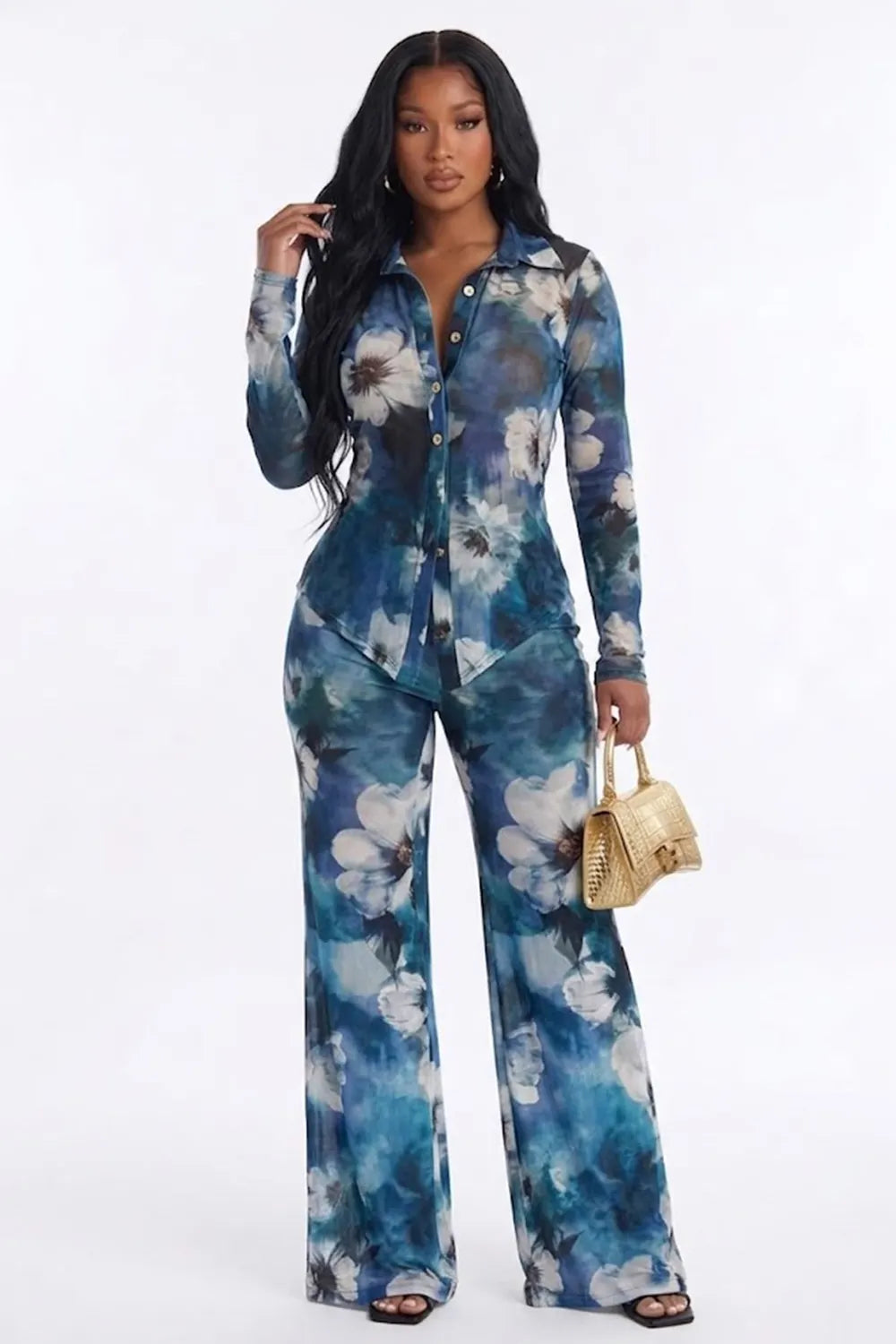 All Over Floral Print Button Slim Shirt Straight Leg Pants 2pcs Set-Blue