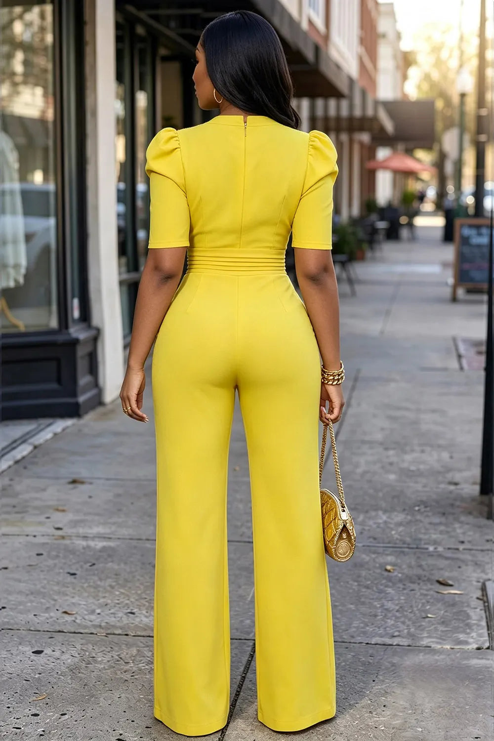 V Neck Short Sleeve Cinch Waist Casual Wide Leg Jumpsuit-Yellow