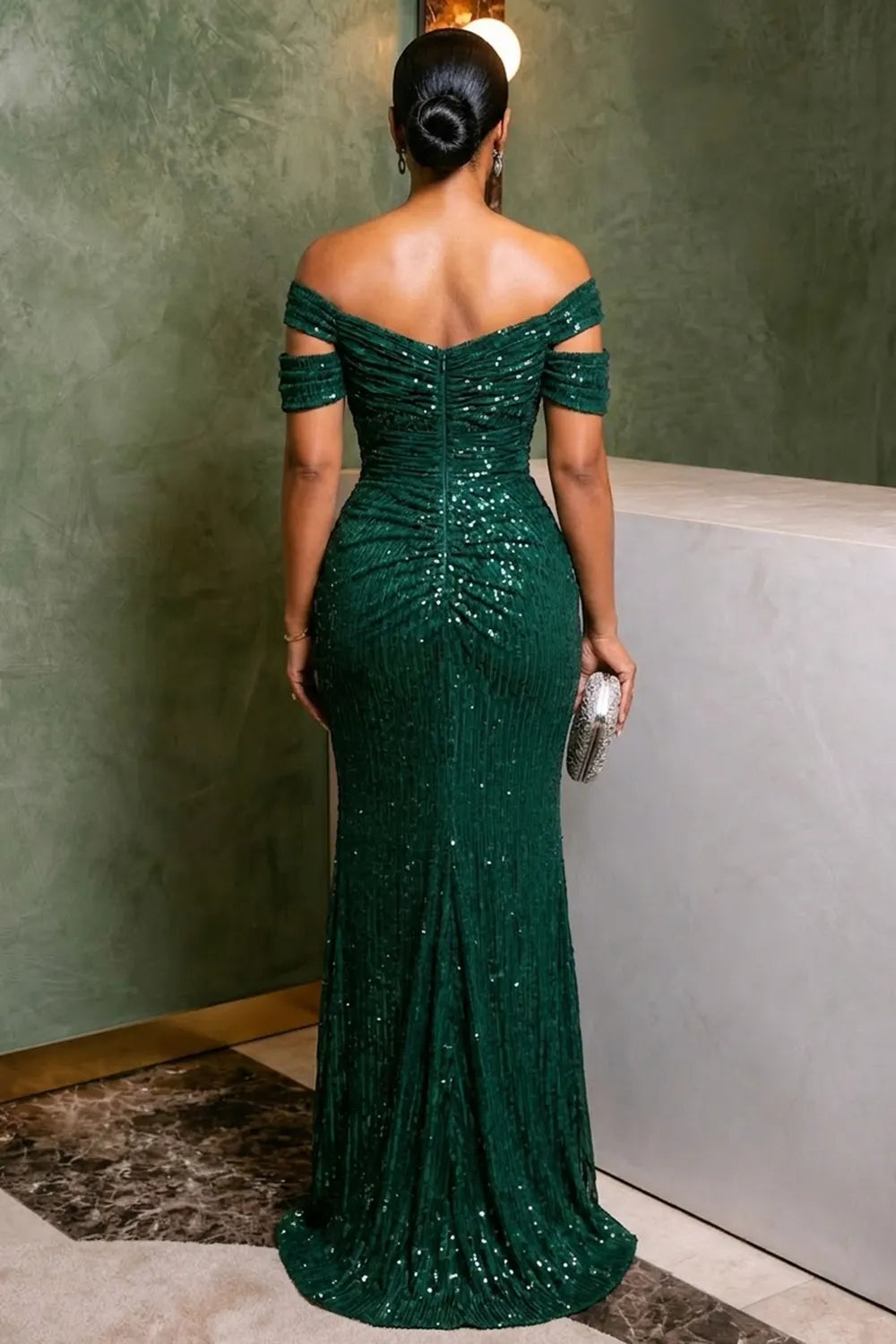 Off Shoulder Rhinestone Decor Ruched Slit Slim Maxi Dresses-Green