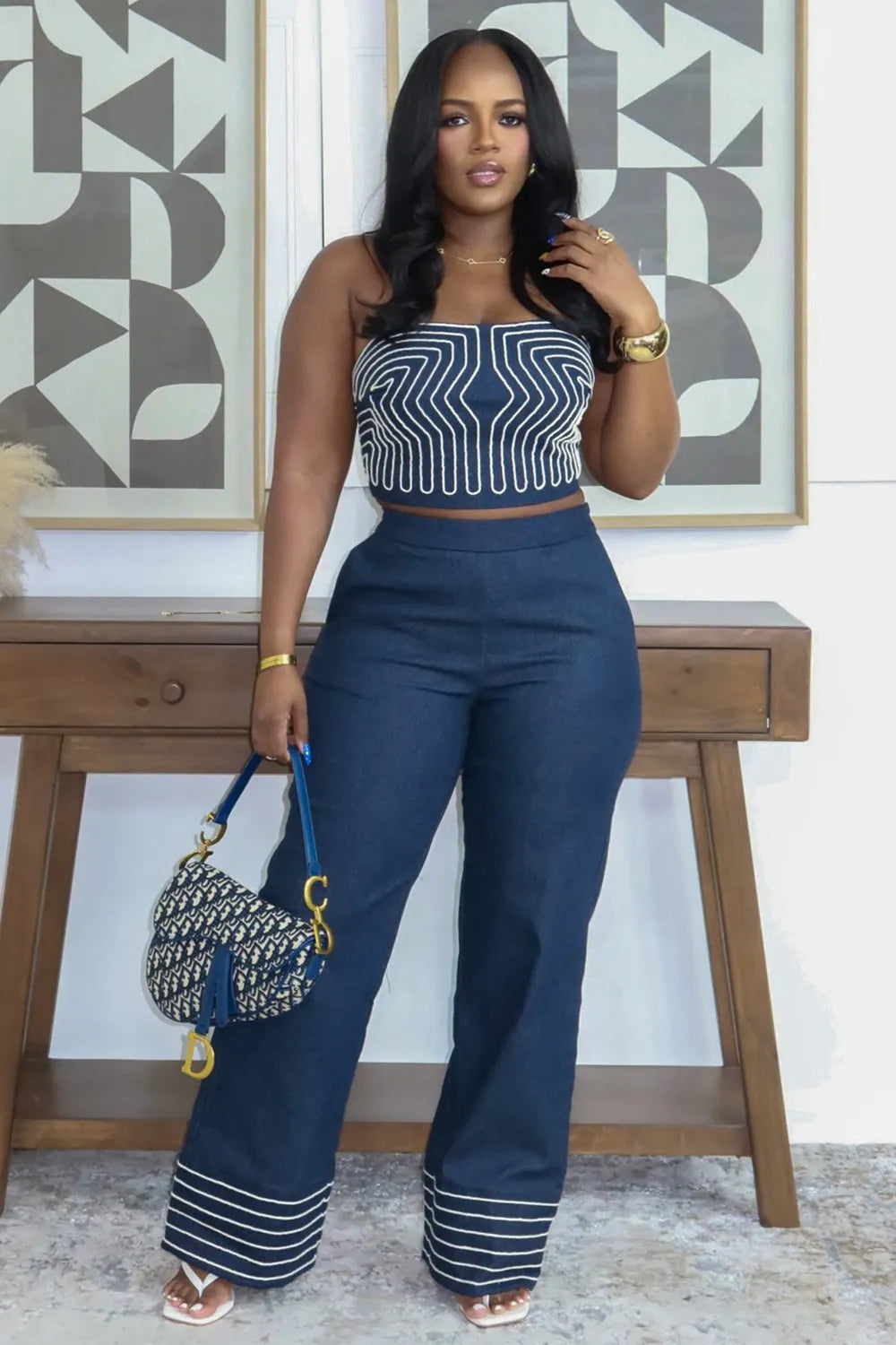 Geometric Print Strapless Top Wide Leg Pants Casual 2pcs Set-Navy