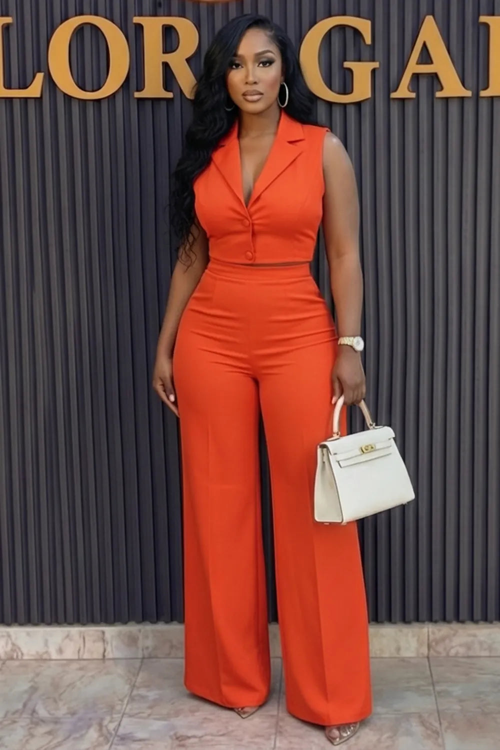 Notched Lapel Sleeveless Top High Waist Pants 2pcs Set-Orange