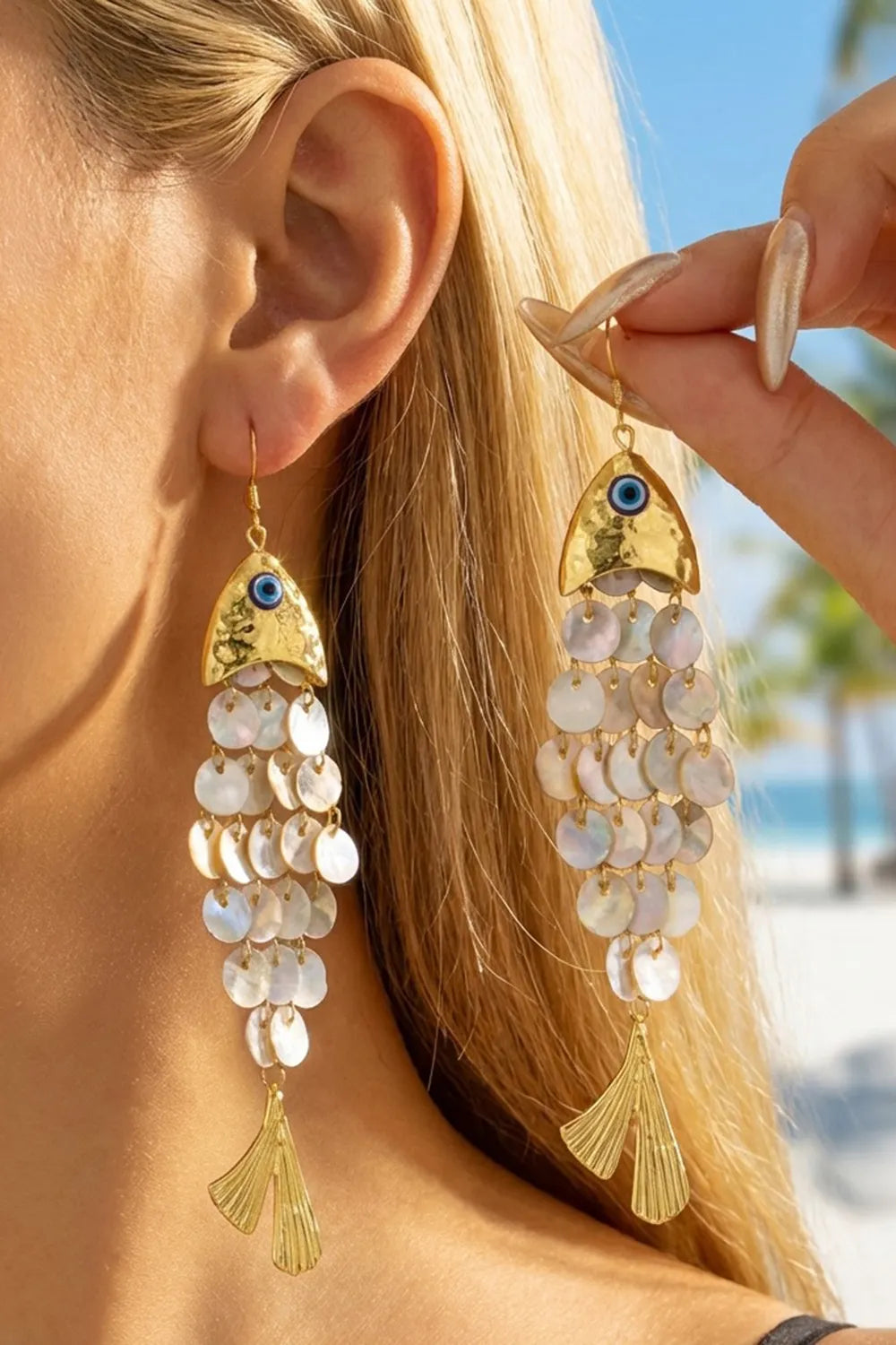 Boho Beach Layered Sequin Fish Tail Charm Long Dangle Earrings