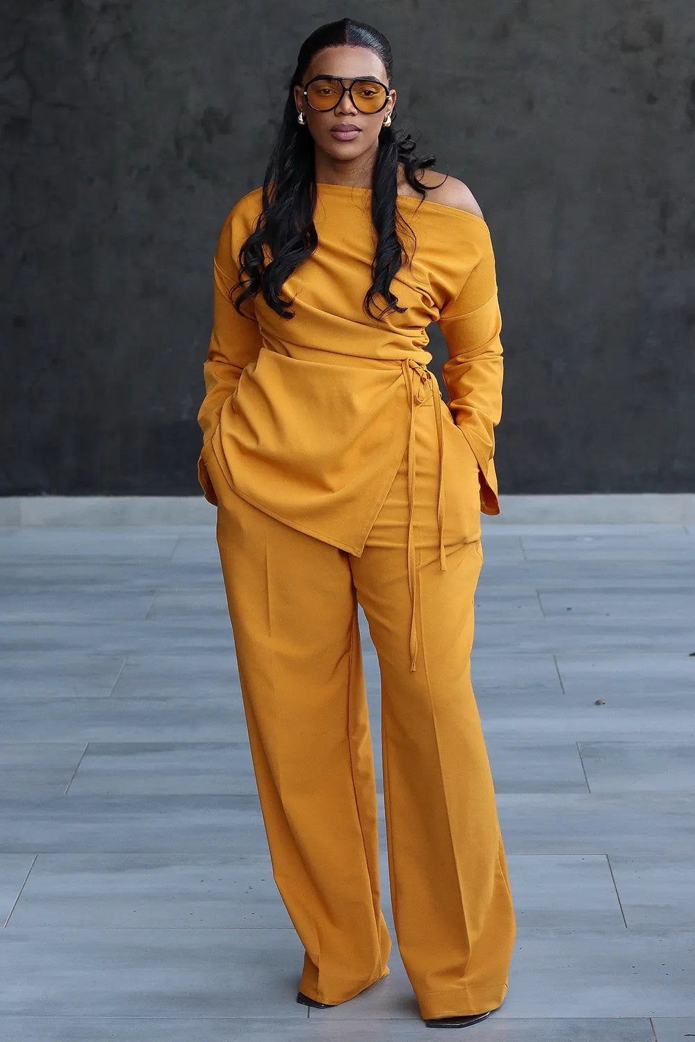 Off Shoulder Drawstring Top Straight Leg Pants 2pcs Set-Yellow
