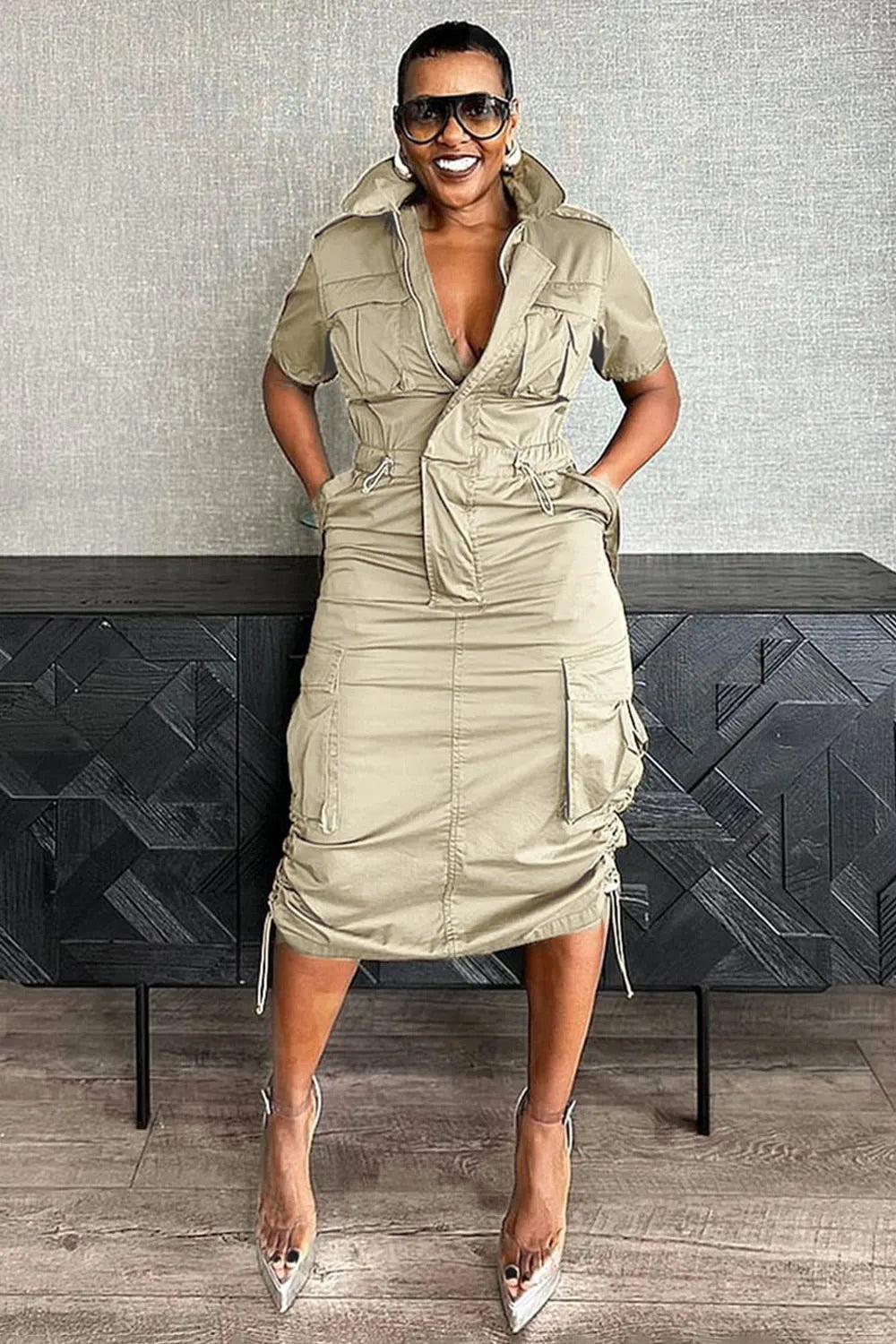 Stand Collar Zipper Drawstring Waist Pocket Midi Dresses-Green