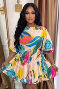 Boat Neck Puff Sleeve All Over Print Mini Dresses