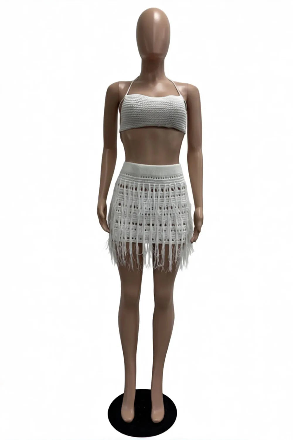 Halter Backless Crop Top Tassel Mini Skirt Crochet Vacation 2pcs Set-White