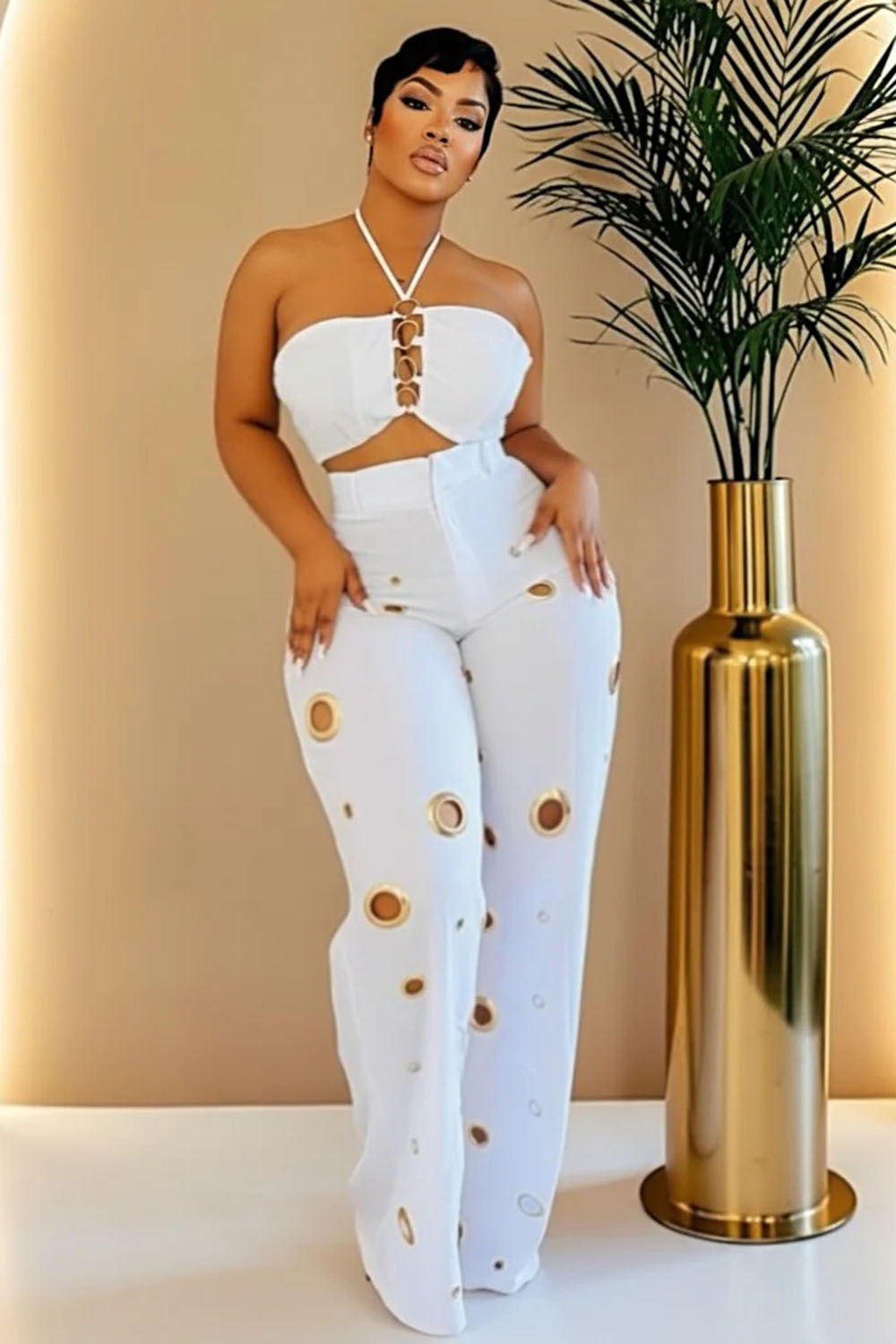 Halter Crop Top High Waist Hollow Pants Casual 2pcs Set-Yellow
