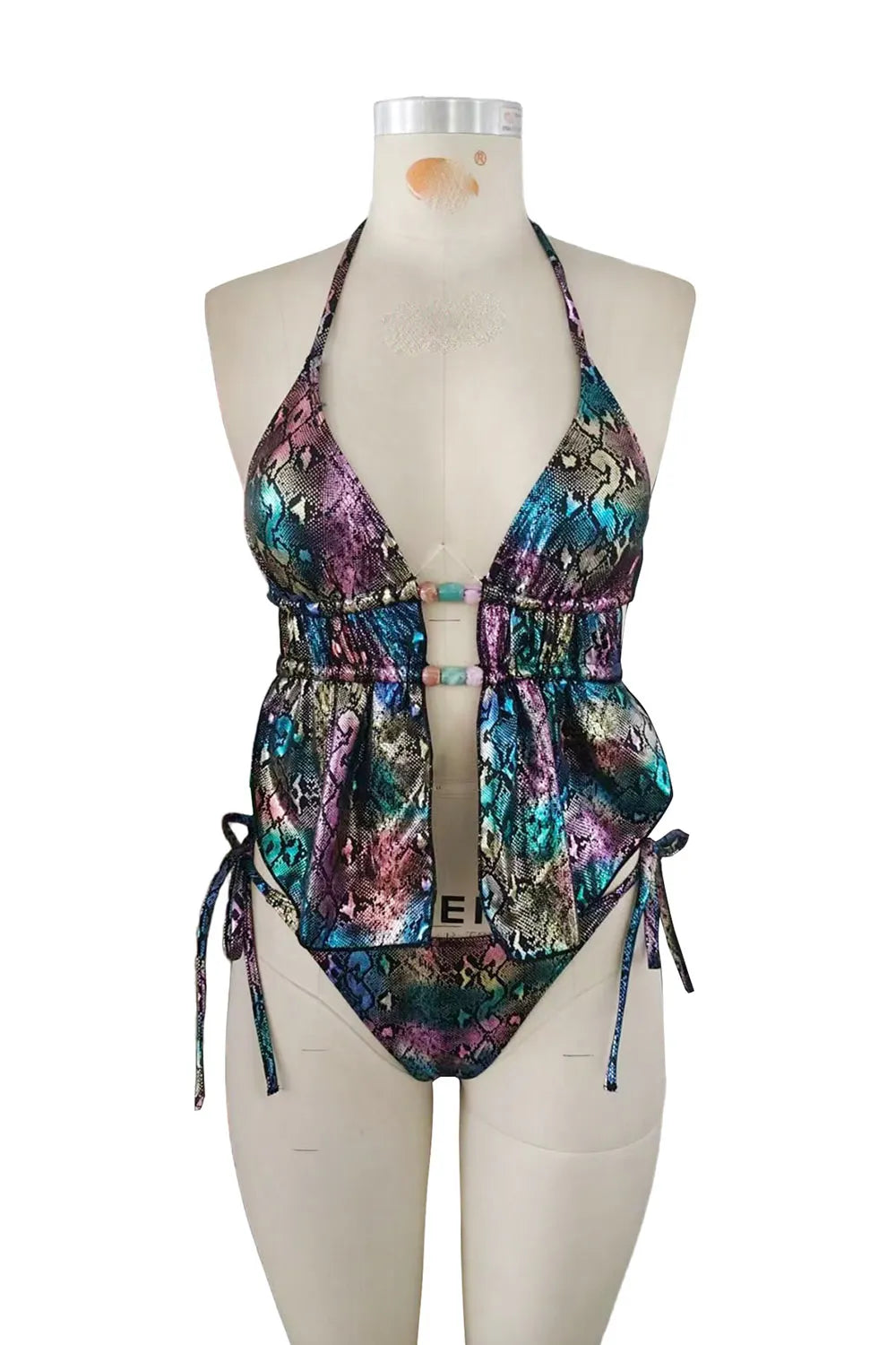 Snake Print Halter Backless Bead Slit Top Bikini Two Piece Set