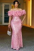 Strapless Cinch Waist Sequin Fishtail Ruched Maxi Dresses-Pink