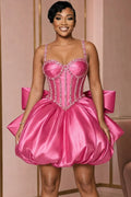 Cami Neck Rhinestone Corset Puff Hem Bowknot Mini Dresses-Fuchsia