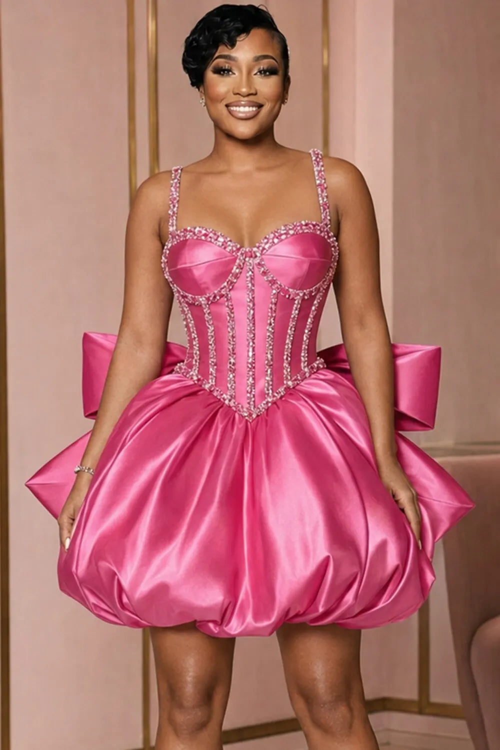 Cami Neck Rhinestone Corset Puff Hem Bowknot Mini Dresses-Fuchsia