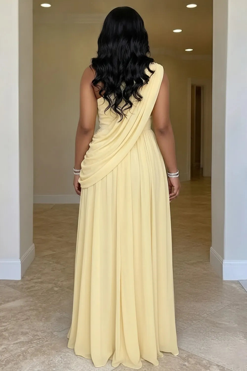 Sloping Shoulder Ruched Sleeveless Chiffon Evening Gowns Maxi Dresses-Yellow