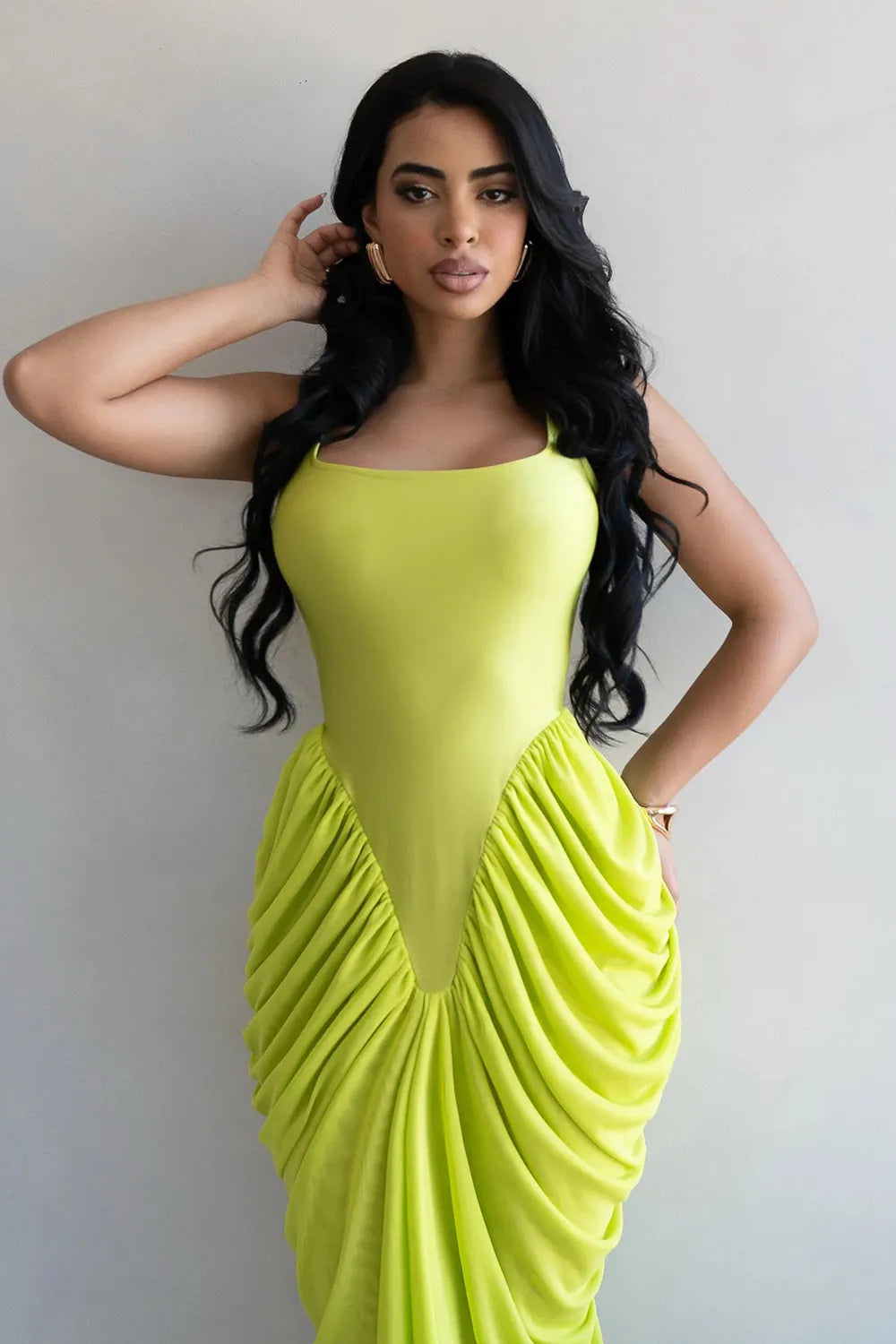 Square Neck Wide Strap Cinched Waist Ruched Bodycon Gowns Maxi Dresses-Yellow